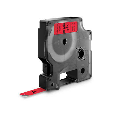 Huismerk DYMO S0718520 / 18438 IND Rhino Tape Vinyl Zwart Op Rood 12 mm. 5,5 mtr.