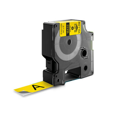 Huismerk DYMO S0718470/ 18433 IND Rhino Tape Vinyl Zwart Op Geel 19 mm. 5,5 mtr.