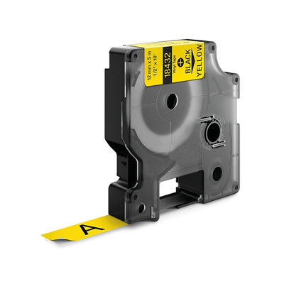 Huismerk DYMO S0718450 / 18432 IND Rhino tape vinyl zwart op geel 12 mm. 5,5 mtr.